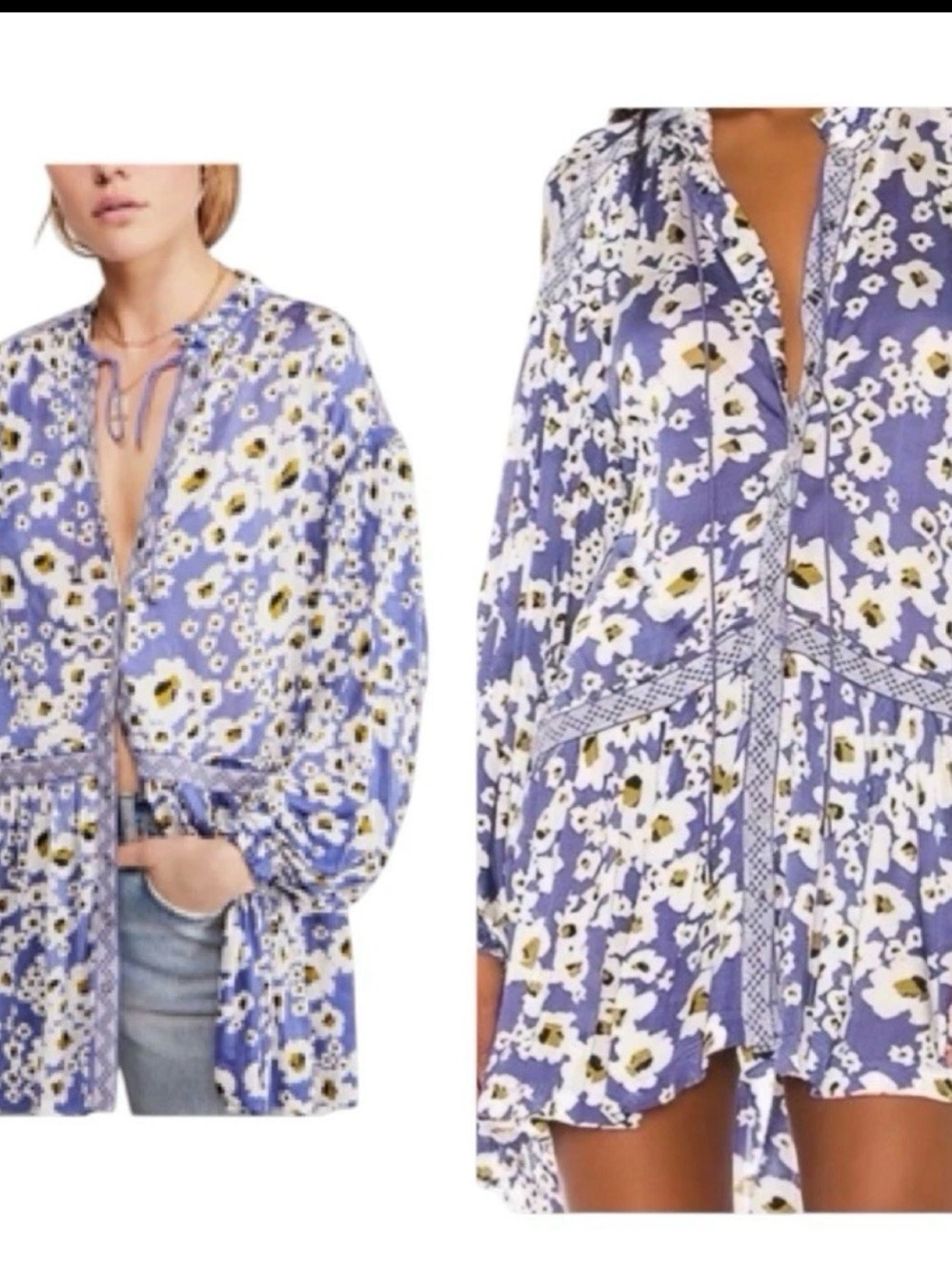 Free People Tunic Top Medium Blue Floral Embroidered Puff Sleeve Love Letter